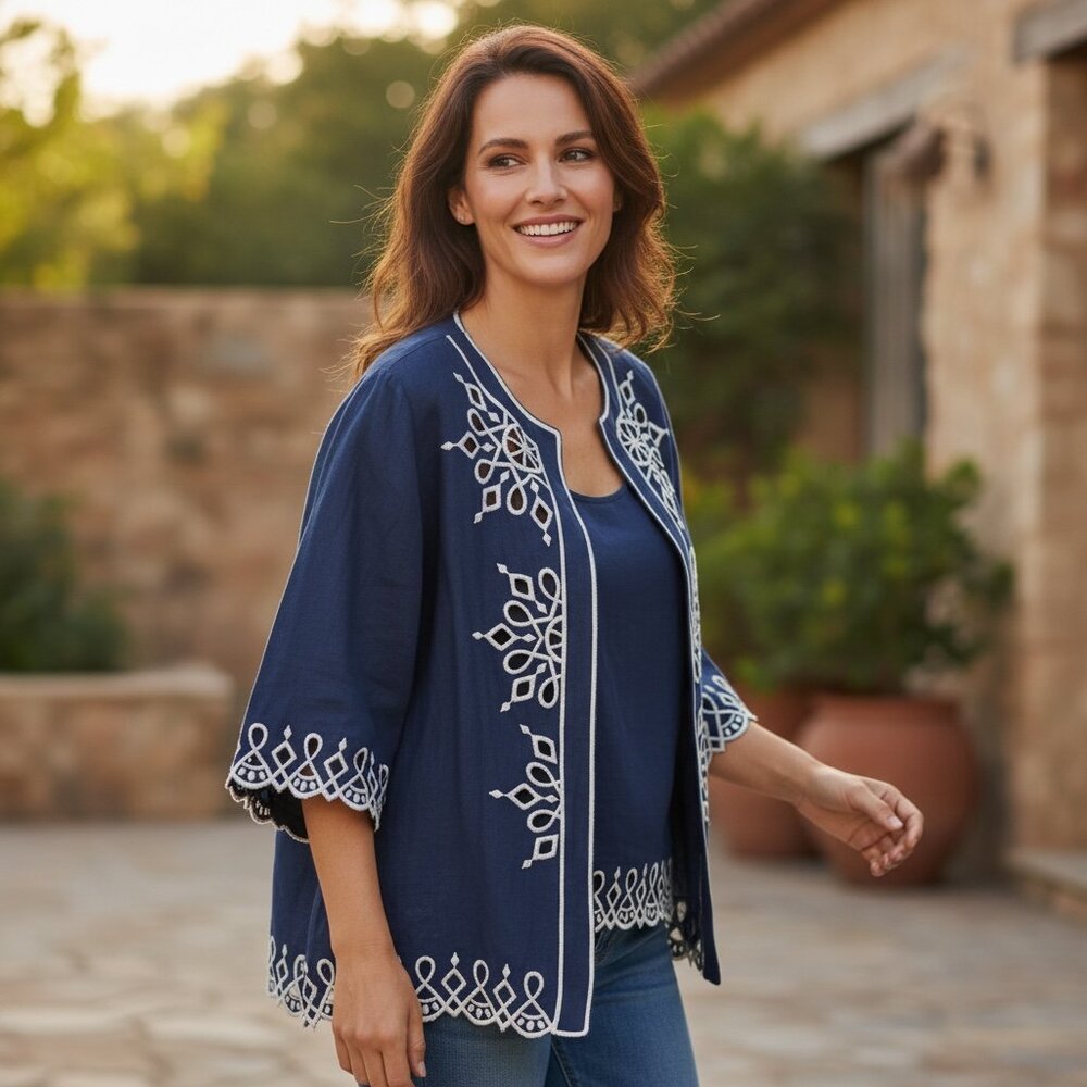 Bob Mackie Wearable Art Linen 2-Pc Twinset Embroidery Cutouts Sz M Blue #235H